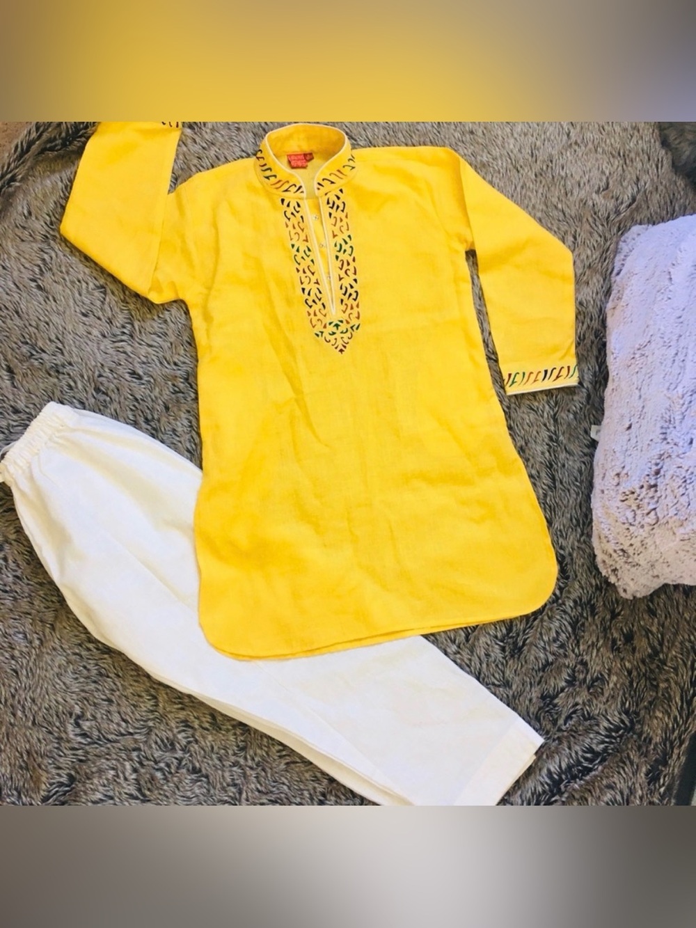 Boys Indian Kurta Pajama Set | Yellow Embroidered | Size 6 | Ethnic Festive Wear